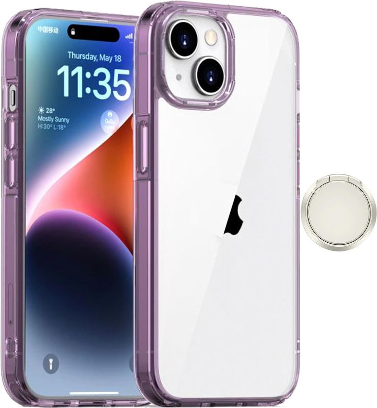 Photo 1 of PITIKAI Designed for iPhone 15 case,Transparent Anti Yellow,Shockproof and Scratch Resistant Back Panel(+Finger Buckle Bracket),Compatible with Wireless Charging(Purple)