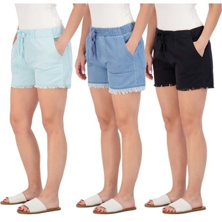 Photo 1 of Real Essentials 3 Pack: Women S Denim Cutoff Casual Khaki 3.5 Inseam Shorts - Drawstring (Available in Plus Size)