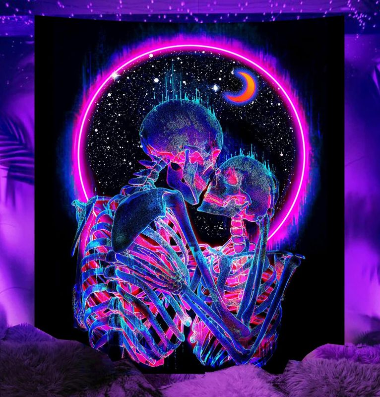 Photo 1 of TUGCAY Blacklight Skull Tapestry Glow in the Dark Tapestry Kissing Lovers Tapestries Skeleton Neon Trippy Moon Stars Vertical Posters Wall Hanging Decor for Bedroom Aesthetic – 51.2” x 59.1” 