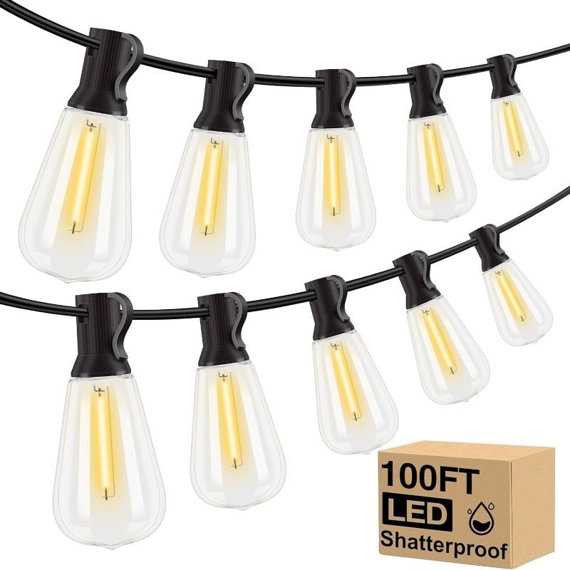 Photo 1 of 100FT LED Outdoor String Lights - Patio Lights with 52 Shatterproof ST38 Vintage Edison Bulbs (2 Spare Bulbs),50 Hanging Sockets,Outside Waterproof String Lights for Garden Backyard Porch Deck 