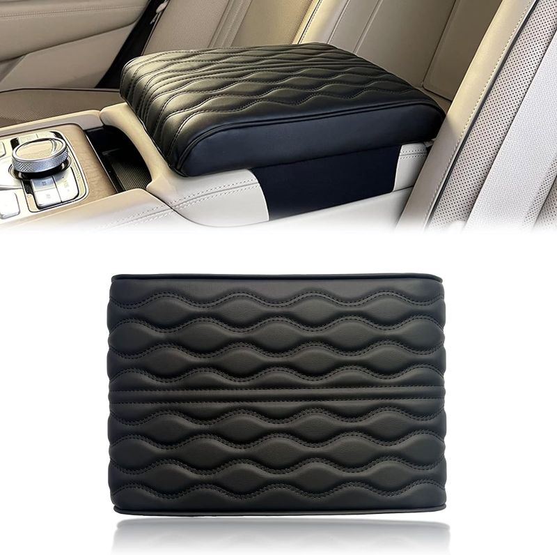 Photo 1 of Miytsya 1 Pack Car Armrest Box Height Increase Cushion, Wave Pattern Memory Foam Armrest Box Cover, 12.59" x 8.66" x 1.96" Leather Middle Consoles Protector, for Most Car, SUV, Truck Interior (Black)
