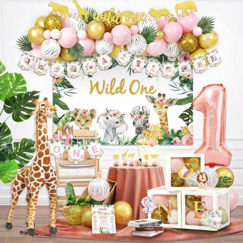 Photo 1 of 130 PCs Wild One Birthday Decorations Girl, Hombae Safari Jungle Theme 1st Birthday Party Backdrop Balloon Garland Leaves Monthly Photo Highchair Banner Box Cutout Crown Cake Cupcake topper Pink Gold
