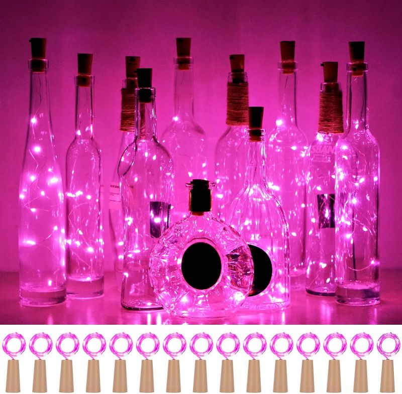 Photo 1 of Wine Bottle Cork Lights 15Pack 10 LED 40 Inches Battery Operated Silver Wire Liquor Bottle Fairy Mini String Lights for Party Christmas Halloween Wedding Decoration (Pink)

