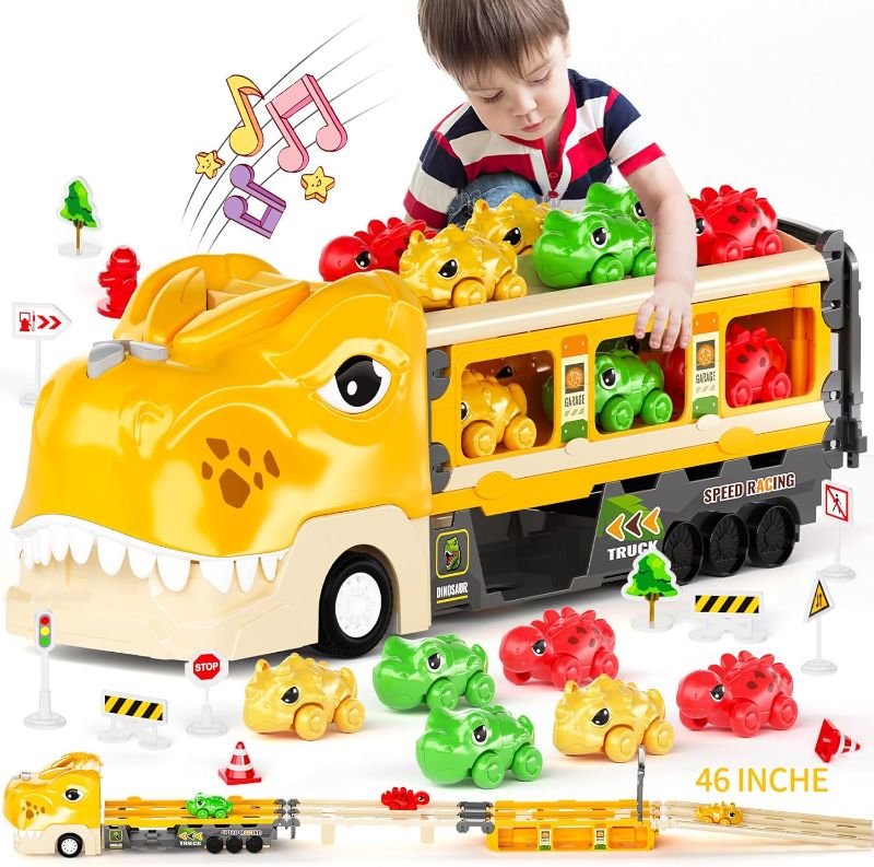 Photo 1 of Blueyak Dinosaur Toys Truck for Kids 3-5 Year Old?21 in 1 Foldable Ejection Toddler Car Toys with Sound Light Transport Car Carrier Truck with 6 Dino Cars 12 Road Signs Race Car Track Toy for Boy Girl
