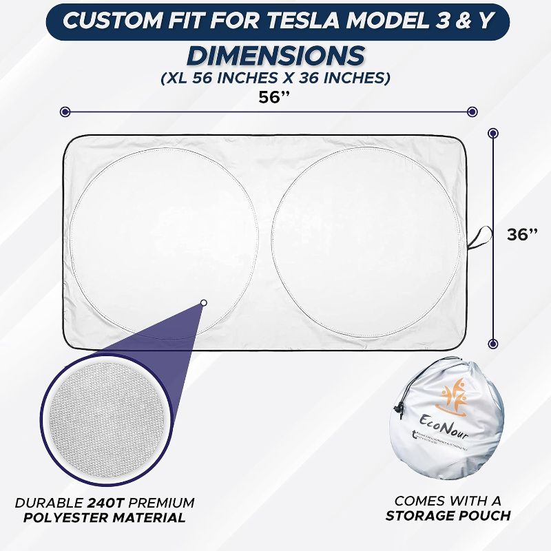 Photo 1 of  Windshield Sunshade for Model 3/Y Cars - Reflective 240T Material Blocks Heat & Sun - Fits for both Tesla Model 3 and Tesla Model Y Car - Foldable Sun Shield for Tesla with Storage Pouch