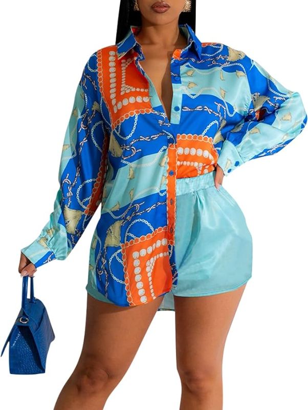 Photo 1 of CutieLove Women's Sexy Floral Blouses Loose Long Sleeve Button Down Tops Collar Shirts Dress A-blue Colorblock Large