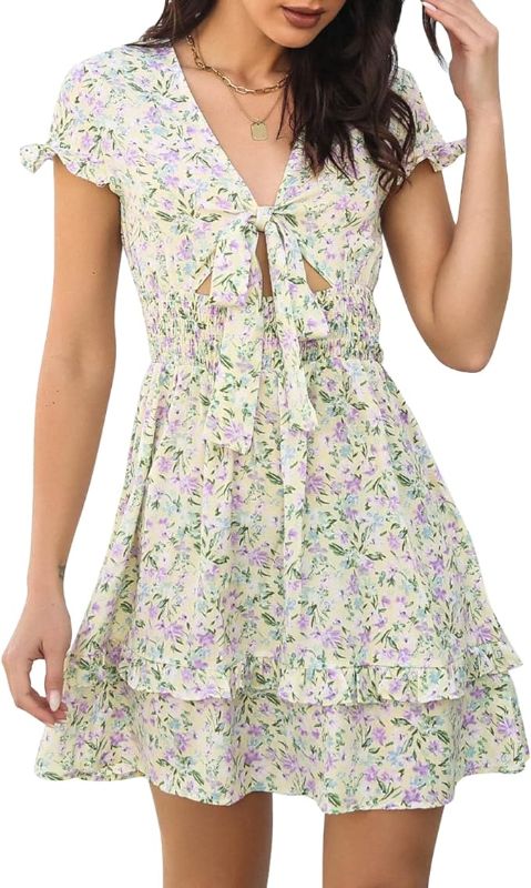 Photo 1 of Women Boho Floral Dress with High Waist Short Sleeve V Neck Tie Front Summer Swing Dress SIZE L 
