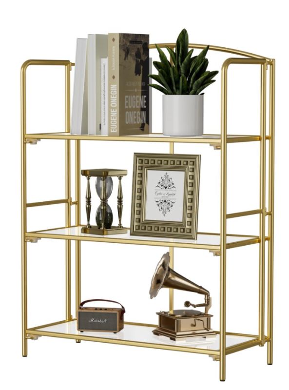 Photo 1 of No Assembly Folding Bookshelf for Living Room, 3 Tier Gold Collapsible Book Shelf for Home Office, Portable Bookcase Storage Organizer Gold 