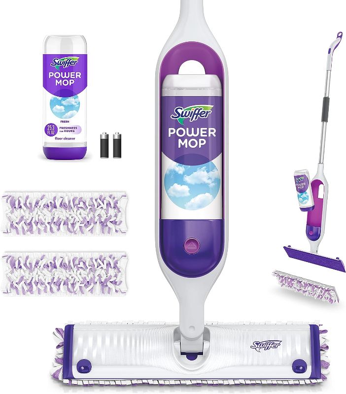 Photo 1 of Swiffer PowerMop Multi-Surface Mop Kit for Floor Cleaning, Fresh Scent, Mopping Kit Includes PowerMop, 2 Mopping Pad Refills, 1 Floor Cleaning Solution with Fresh Scent and 2 Batteries
