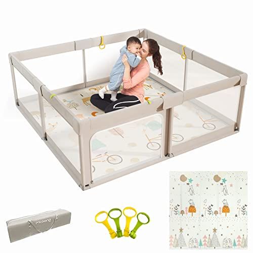 Photo 1 of Mloong Baby Playpen with Mat, 59x59 Inches Extra Large Playpen for Babies and Toddlers, Indoor & Outdoor Activity Center, Safety Baby Fence with Gate
