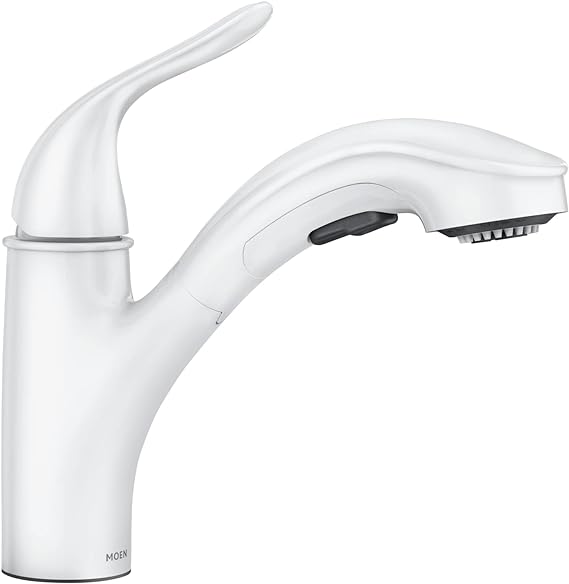 Photo 1 of Moen Brecklyn Glacier White One-Handle Single-Hole Kitchen Faucet with Pull-Out Sprayer and Power Clean, Optional Deckplate Included, 87557W
