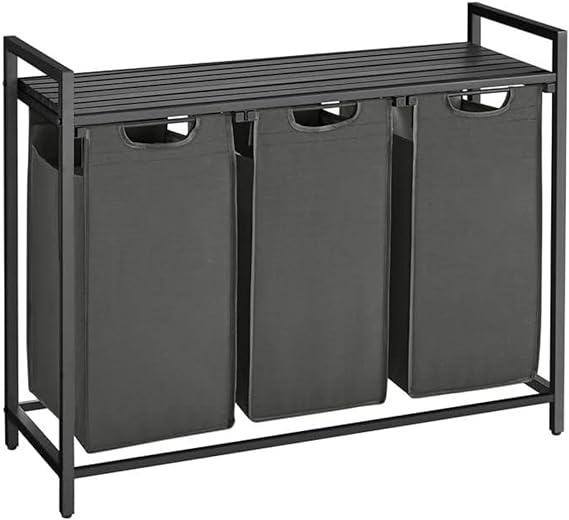 Photo 1 of VASAGLE Laundry Hamper, Laundry Basket, Laundry Sorter with 3 Pull-Out and Removable Bags, Shelf, Metal Frame, 3 x 10 Gallons (38L), 36.4 x 13 x 28.4 Inches, Black and Gray UBLH301G01
