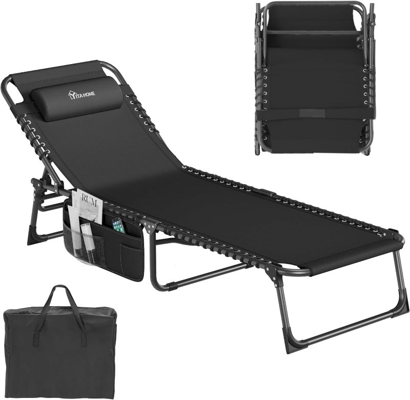Photo 1 of YITAHOME Patio Lounge Chair, Portable Reclining Chairse Lounge Folding Camping Cot 4 Posistion Adjustable w/Head Pillow & Portable Handbag for Camping, Pool, Beach and Patio, Black
