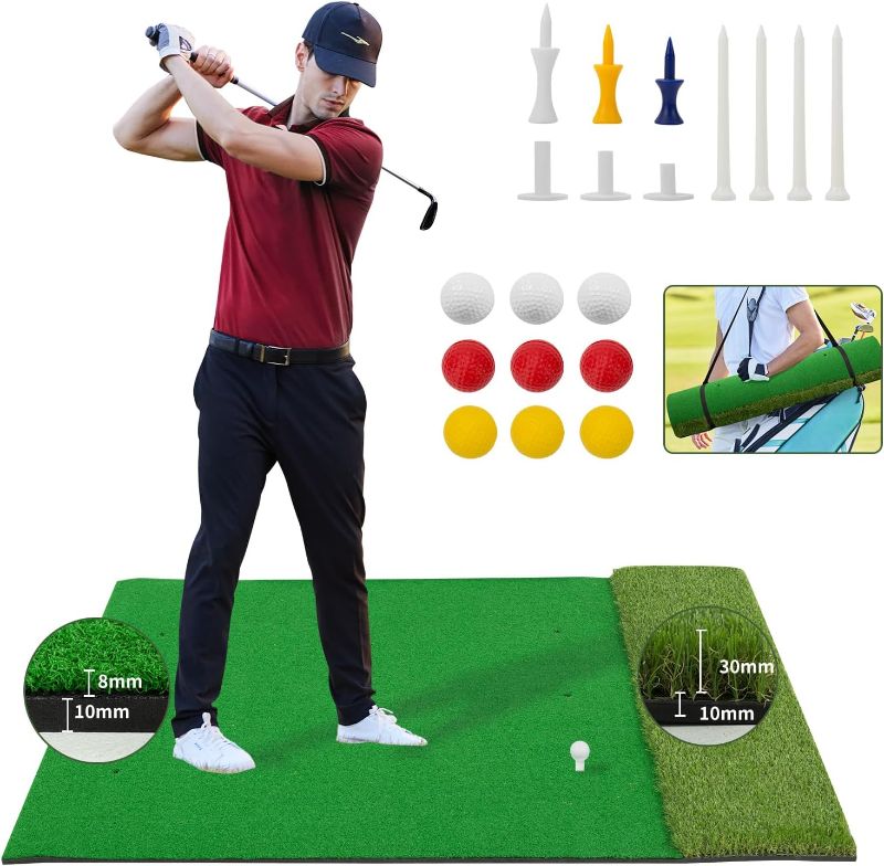 Photo 1 of Golf Mat, 5x4ft Thickening Golf Hitting Mats?Comes with 3 Rubber tees, 7 Golf tees, 3 Golf Balls and 6 PU Golf Balls, 1 Shoulder Strap.Golf Mat for Indoor/Outdoor Practice?Gifts for Men/Boys/Golfers
