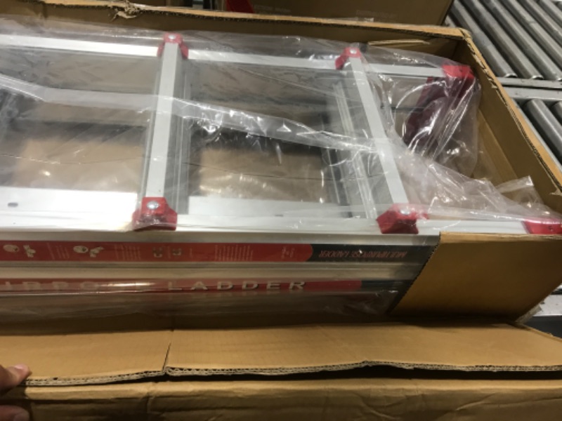 Photo 1 of Wolec A Frame 4 Step Ladder,13.5FT Anti-Slip Multi Position Ladder with Stabilizer Bar & Wheels,330 lbs Capacity Extension Ladders for Stairs Home Indoor Outdoor Roof(Red) Red 13.5FT