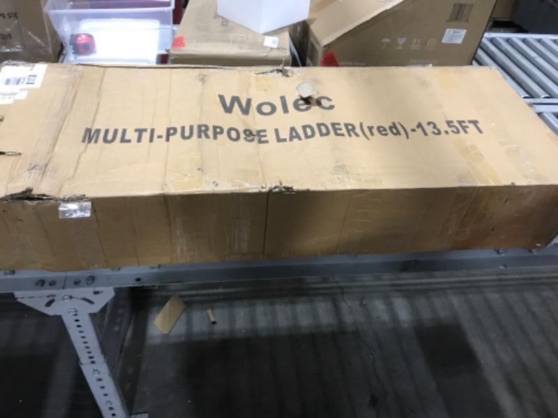 Photo 1 of Wolec A Frame 4 Step Ladder,13.5FT Anti-Slip Multi Position Ladder with Stabilizer Bar & Wheels,330 lbs Capacity Extension Ladders for Stairs Home Indoor Outdoor Roof(Red) Red 13.5FT