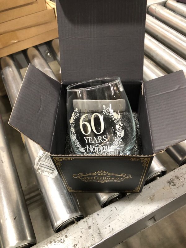 Photo 3 of 60 Years Happy Anniversary Wine Glass with Gift Box, 60th Anniversary Wedding Gift For Mom, Dad, Wife, Soulmate, Couple, Funny Vintage Unique Personalized, 60 Years Gifts