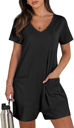 Photo 1 of  Women's Summer Casual Rompers V Neck Shorts Jumpsuit Short Sleeve One Piece Jumpers with Pockets 2024 Fashion 2XL
