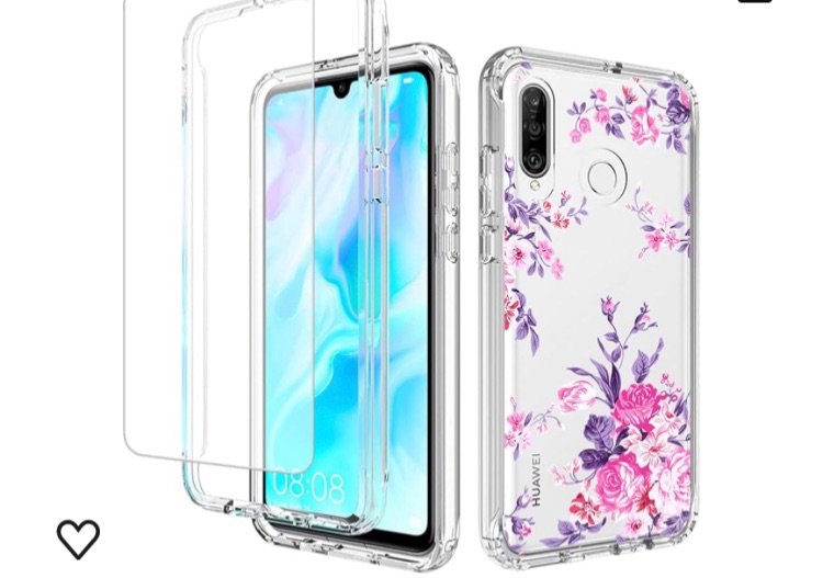Photo 1 of Case for Huawei P30 Lite/Nova 4E MAR-LX3A Case with Tempered Glass Screen Protector, Soft 360 Full Body Shockproof Hybrid Bumper Crystal Clear Case Cover for Huawei P30 Lite (Rose Flower)