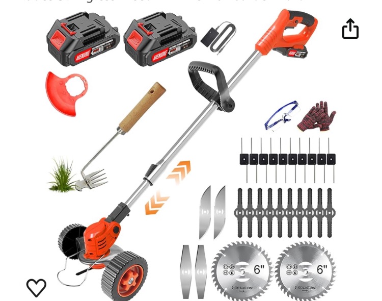 Photo 1 of Electric  Wacker Battery Operated, 21V Weed Eater Cordless 2x2.0 2Ah Battery Powered, 3 in 1 Grass Trimmer/Brush Cutter/Lawn Edger with 5 Types 26Pcs Blades Stringless Weed Trimmer for Garden Yard