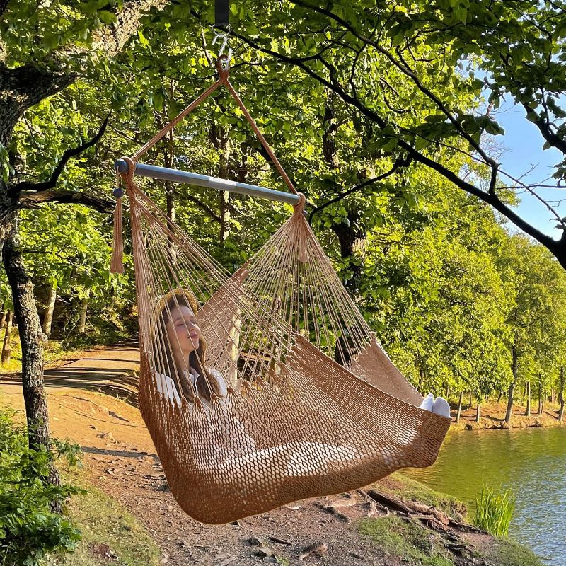 Photo 1 of Hammock Chair Swing with Folded Spreader Bar, Upgraded Skin Breathable Caribbean Hanging Chair, Large 330 Pound Capacity, Portable for Indoor & Outdoor Use, Brown

