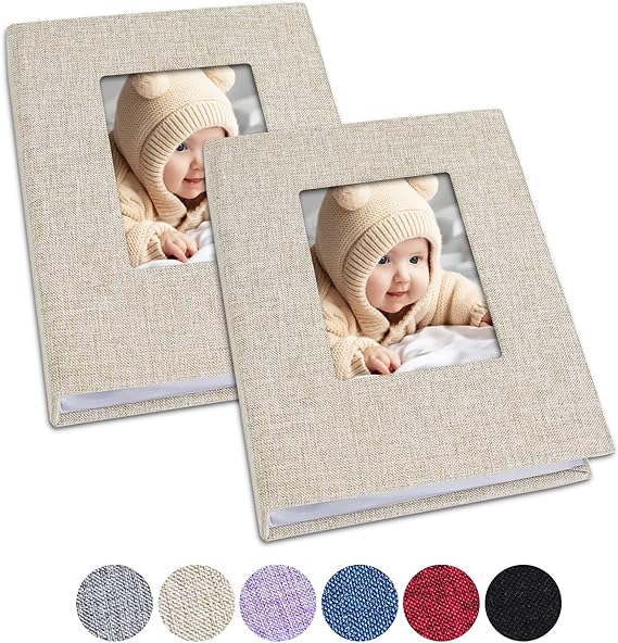 Photo 1 of Vienrose Small Baby Photo Album 4x6 Photos, 2 Pack Linen Cover Mini Photo Book, 26-Page Holds 52 Pictures, Artwork or Postcards Storage 4x6 Beige