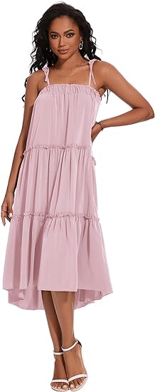 Photo 1 of ANOTHER CHOICE Boho Dresses for Women 2024, Midi Tiered Tent Dress with Tie Strap Wedding Guest Prom Dresses LARGE
