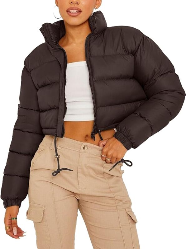Photo 1 of med Womens Cropped Puffer Jacket Zip-Up Padded Quilted Short Coats Drawstring Winter Down Coat
