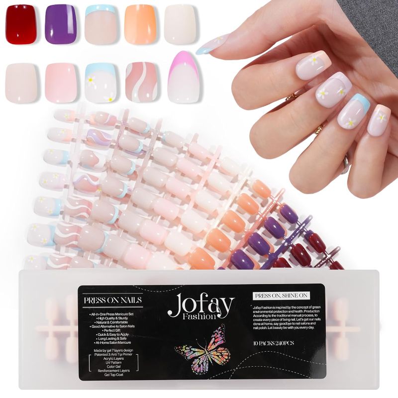 Photo 1 of 10Packs | 240Pcs Press on Nails Short, Jofay Fashion Acrylic False Nails with Design, 6 Solid Color Glue on Nails, 2 French Nail Tips, Swirl Flower Fake Nails with Glue, Stick on Nails for Women
