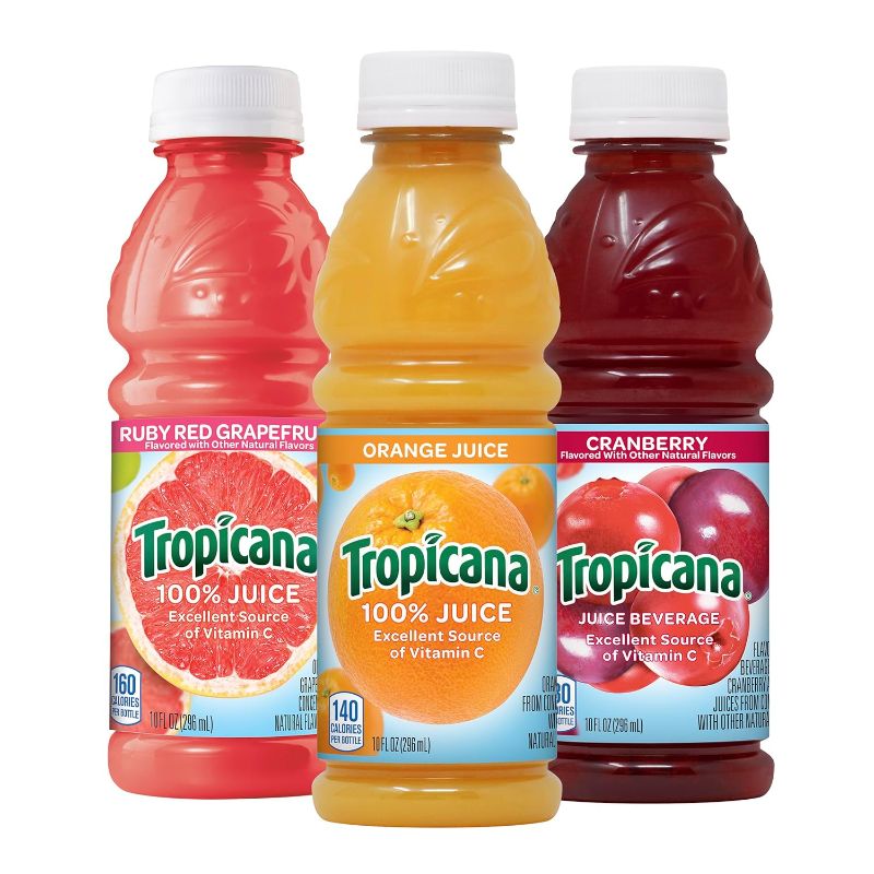 Photo 1 of Tropicana Juice Beverage, 3 flavor 10 fl oz (Pack of 24) - Cranberry Juice, Orange Juice, Ruby Red Grapefruit exp. 06/04/2024
