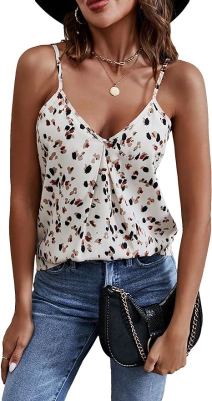 Photo 1 of med COZYEASE Women's Allover Print Cami Tops Loose Fit Spaghetti Strap Sleeveless T Shirt Plicated Camisole Tops
