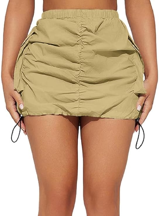 Photo 1 of med Cargo Skirt Y2k Bodycon Mini Short Skirts for Women Casual Trendy Pencil Ruched Skirts Side Drawstring and Pockets
