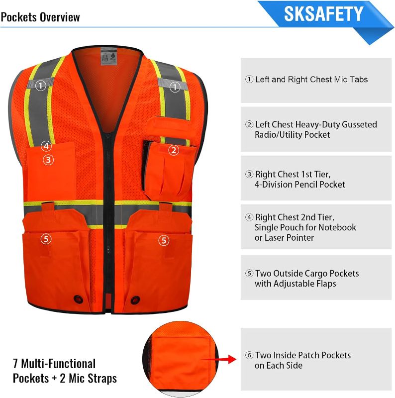 Photo 1 of SKSAFETY 10 Pockets Professional level Safety Vest, Class 2 High Visibility Security Vest with Zipper, Hi Vis Vest with Reflective Strips, ANSI/ISEA Standard, Construction Work Vest?Orange, 5XL?
