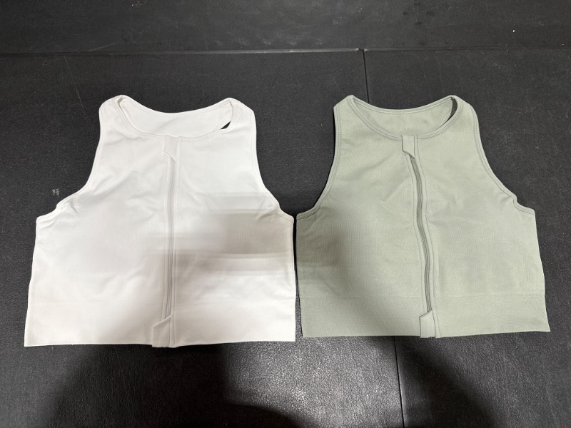 Photo 1 of OQQ Women's 2 Piece Tank Tops Ribbed Crew Neck Zip Fashion Basic Stretch Shirts White Grey Green large 