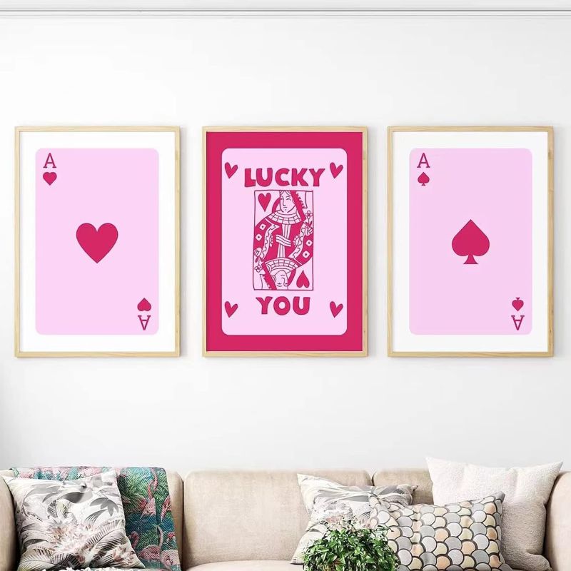 Photo 1 of Trendy Retro Canvas Wall Art Aesthetic Room Decor Pink Ace Card Poster Boho Lucky You Poster Trend Wall Art Prints Boho Funny Art Picture for Living Room Bedroom 16x24x3 Inch Unframed
