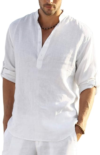 Photo 1 of Adogirl Cotton Linen Shirt for Men Casual Long Sleeve Henley T-Shirts Beach Shirt for Men 2XL 