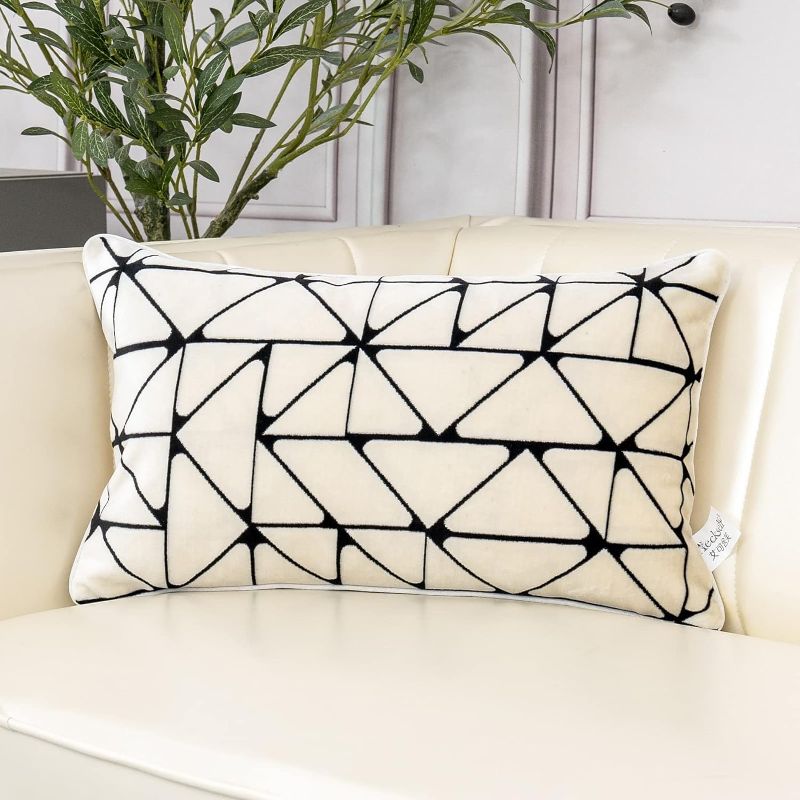 Photo 1 of Aeckself Black White Geometric Plaid Stripes Cut Velvet Throw Pillow Cover 12 x 20 Inch, Luxury Modern Rectangle Lumbar Pillow Cover Decorative Pillowcase for Couch Living Room Bed Black 12" x 20"