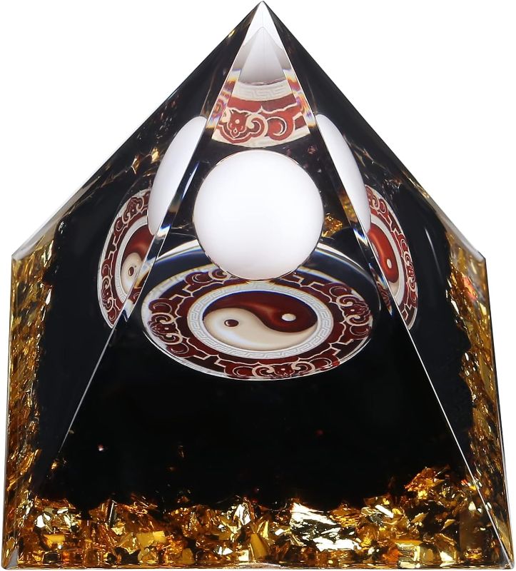 Photo 1 of Yin Yang Healing Crystal Orgonite Pyramid - Tai Chi with Obsidian Opal Ball - Taiji Reiki Chakra Meditation Paperweights Decor
