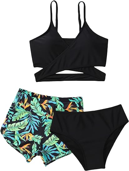 Photo 1 of KIDS SIZE 8 OYOANGLE Girl's 3 Piece Tropical Print Criss Cross Bikini Set Swimsuit Bathing Suit with Shorts
