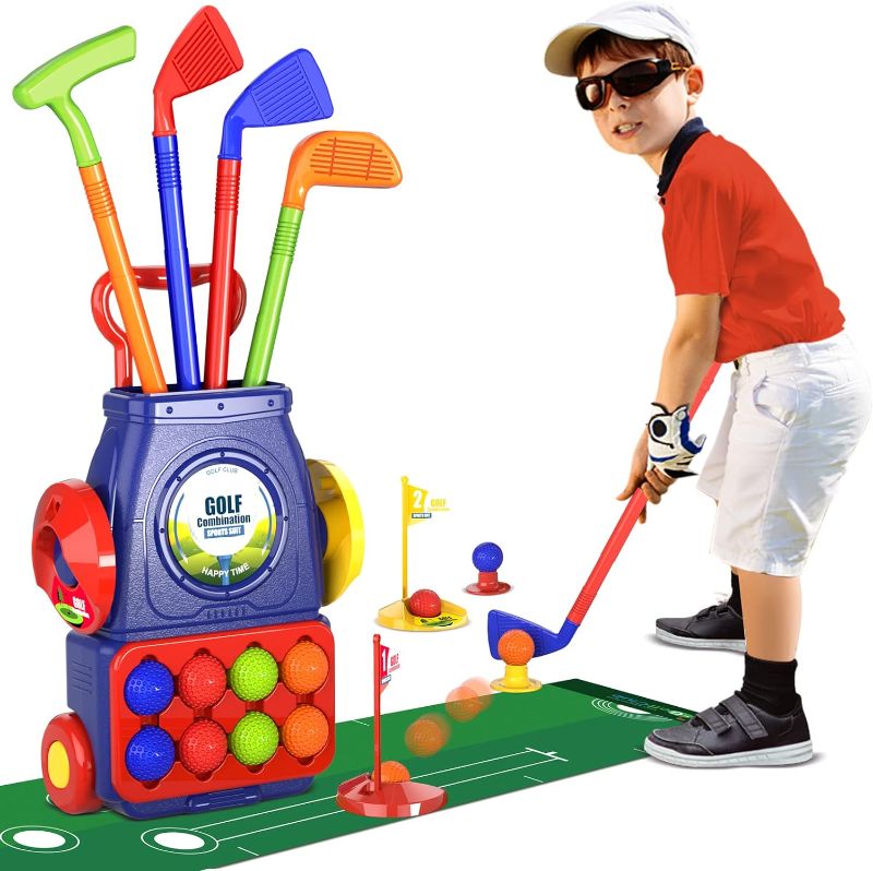 Photo 1 of QDRAGON Kids Toddler Golf Clubs Set with 8 Balls, Putting Mat, 4 Golf Sticks, 2 Practice Holes and Golf Cart with Wheels, Indoor Outdoor Sport Toys Gift for...
