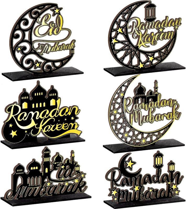 Photo 1 of 6 Pieces Ramadan Wooden Ornaments Eid Mubarak Table Decoration Eid Mubarak Wooden Ornament for Happy Eid Mubarak Ramadan Home Room Table Decoration Craft
