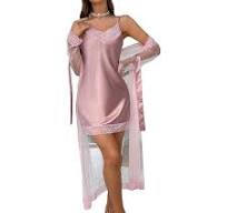 Photo 1 of SweatyRocks Women's Sleepwear 2 Piece Lace Trim Cami Nightgown and Long Sleeve Robe Mesh Pajama Set Small 