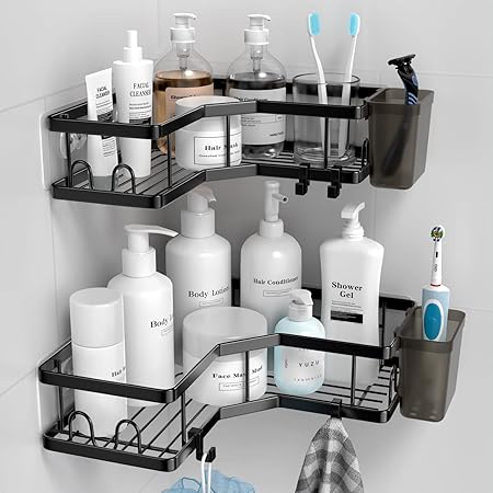 Photo 1 of AKTECKE Corner Shower Caddy, 2 Pack Adhesive Shower Corner Organizer Shelves, No Drilling Stainless Steel Shower Storage Rack with Hooks&Toothpaste Holder for Bathroom, Dorm and Kitchen
