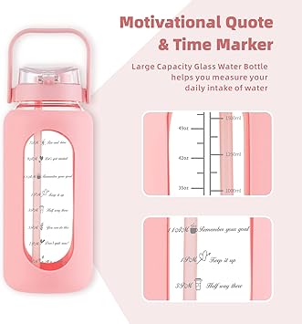Photo 1 of 64oz Glass Water Bottle with Straw Lid Half Gallon Motivational Bottle with Handle and Silicone Sleeve and Time Marker Large Reusable Sports Water Jug for Gym Home Workout 42oz Pink