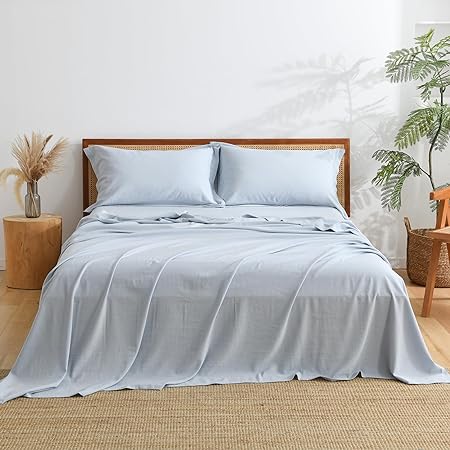 Photo 1 of Light Blue Full Size 4 Piece Sheet Set, Cooling Sheets for Hot Sleepers, Linen-Textured Rayon Derived from Bamboo Cotton Blend Sheets, Deep Pockets Natural Bed Sheets
