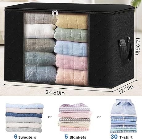 Photo 1 of HomeHacks Storage 4-Pack Clothes Organizer Storage Bags Foldable Storage Box with Large Clear Window Sturdy Handles for Closet, Dorm, Pillows, Bedding, Clothes, Stuffed Toys, Blankets, 100L, Black