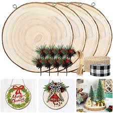 Photo 1 of Whaline 15Pcs Christmas Wood Slices DIY Kits Includes 4Pcs 8-9 Inch Unfinished Wood Slices Hooks Pine Cone Ribbon Hemp Rope Rustic Natural Wood Circles for Crafts Door Sign Table Centerpiece Decor