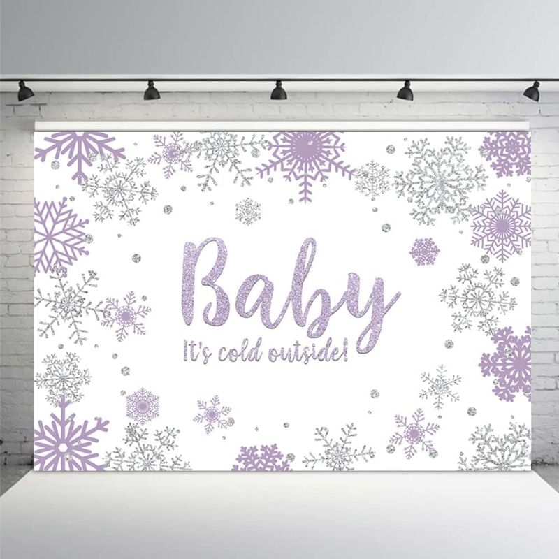 Photo 1 of MEHOFOND Winter Girl Baby Shower Photo Background Props Snowflakes Purple and Silver Backdrops Party Decoration Baby It's Cold Outside Photo Photo Banner for Dessert Table Supplies 7x5ft