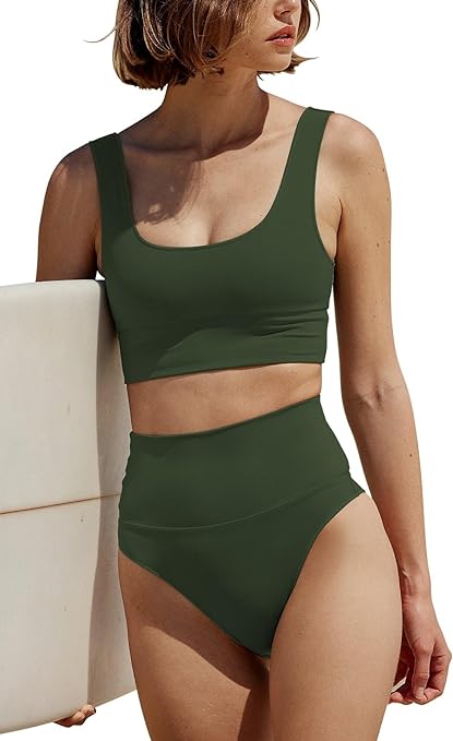 Photo 1 of Women's Army Green High Waisted Bikini Sets Sporty Two Piece Swimsuits Middle High Cut Bathing Suits, SW10_ArmyGreen Size L