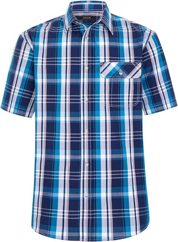 Photo 1 of Men's Casual Stylish Short Sleeve Button-Up Plaid Shirts Cotton Shirt  Size L